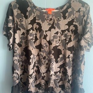 Joe Fresh Black and Taupe Floral Short Sleeve Top with Sheer Layered Hem